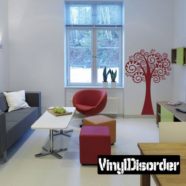 Red spiral-branch vinyl wall decal tree with leaf accents
