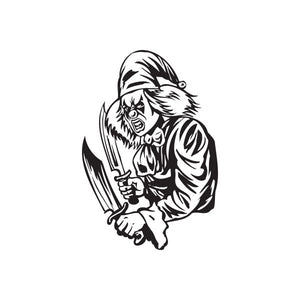Creeping jester with knives decal, black-and-white jester holding a knife
