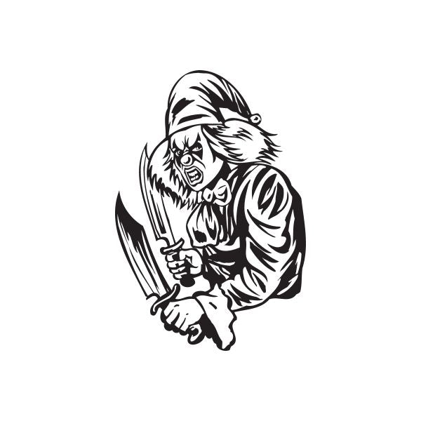 Creeping jester with knives decal, black-and-white jester holding a knife
