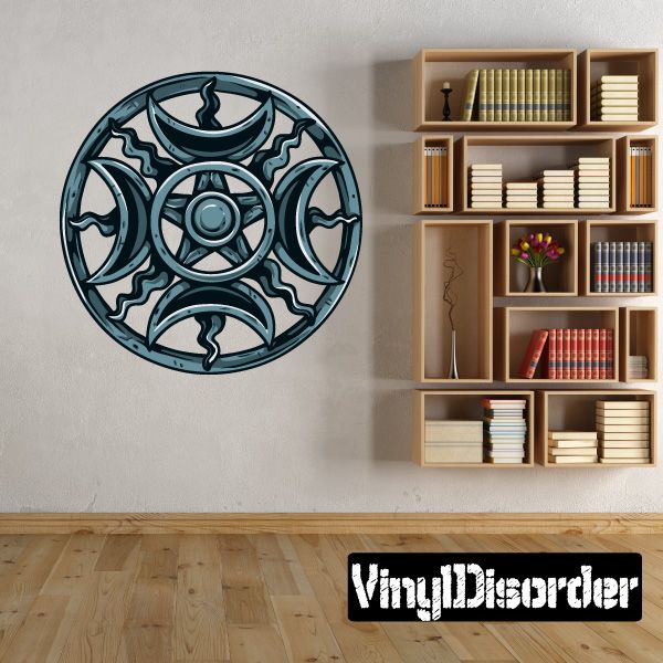 Round crescent moon emblem printed wall decal with teal and dark blue design