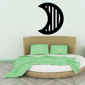 Crescent moon wall decal with vertical stripe pattern in black and white