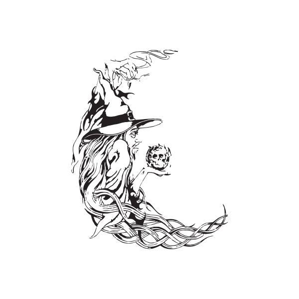 Witch and apple decal with black crescent moon silhouette