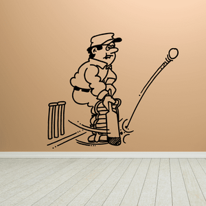 Cricket batter wall decal with bat, ball, and three stumps illustration