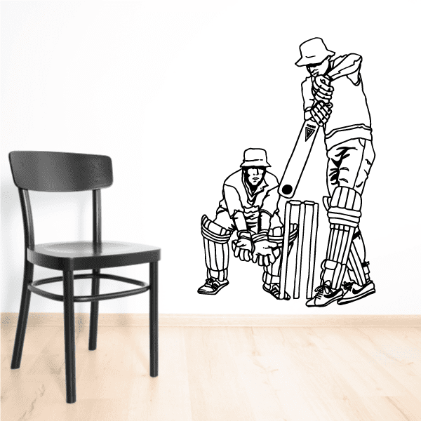 Cricket catcher and batter wall decal with black outlined players