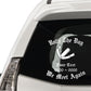 Car window mourning decal, dark round with white gothic lettering and ribbon graphic