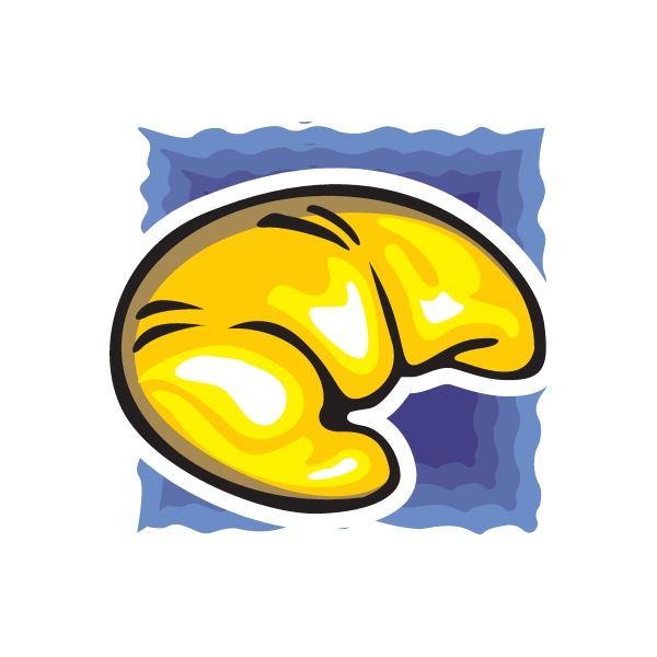 Croissant sticker with yellow crescent pastry and black outline on blue wavy backing