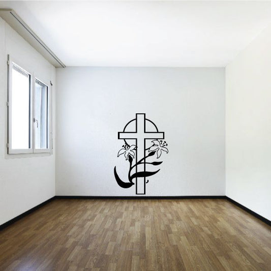 Image of Cross And Lilly Wall Decal - Vinyl Decal - Car Decal - Christmas Decal - MC071