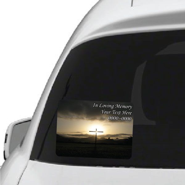Rounded rectangle memorial sticker with sunrise cross and 'In Loving Memory' text