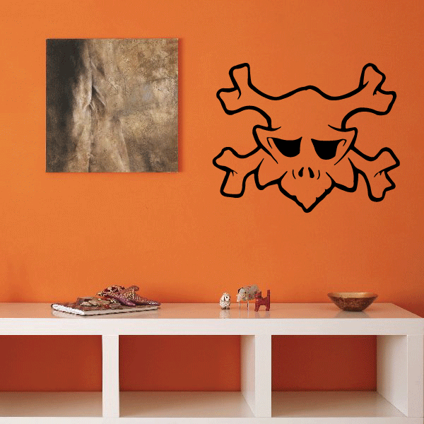 Skull crossbones decal with black outline and crossed bones, Halloween style