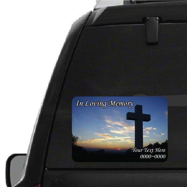 Memorial rounded sticker with black cross and 'In Loving Memory' text