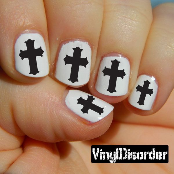 Cross nail art stickers, white nails with black cross decals