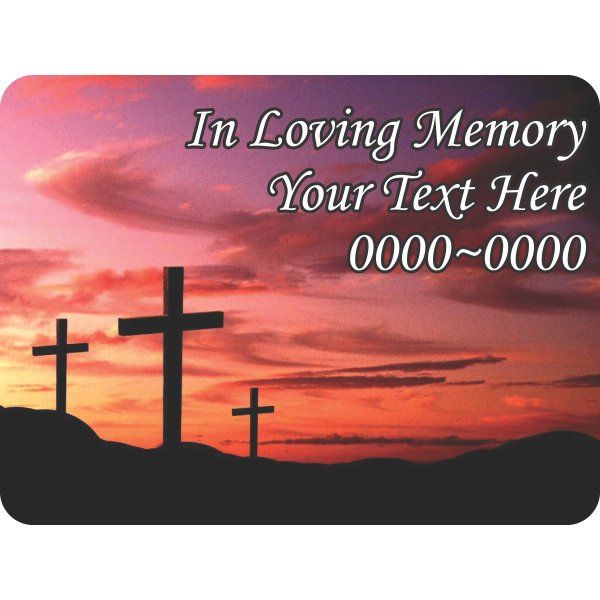 Rounded rectangle memorial sticker with pink sunset, black crosses, and custom text
