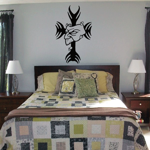 Angry mask cross wall decal with black graphic lines