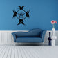 Angry sun cross wall decal with black spiky rays and blue face