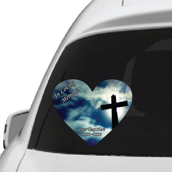 Image of Cross with Blue Skies In Loving Memory Custom Heart Sticker