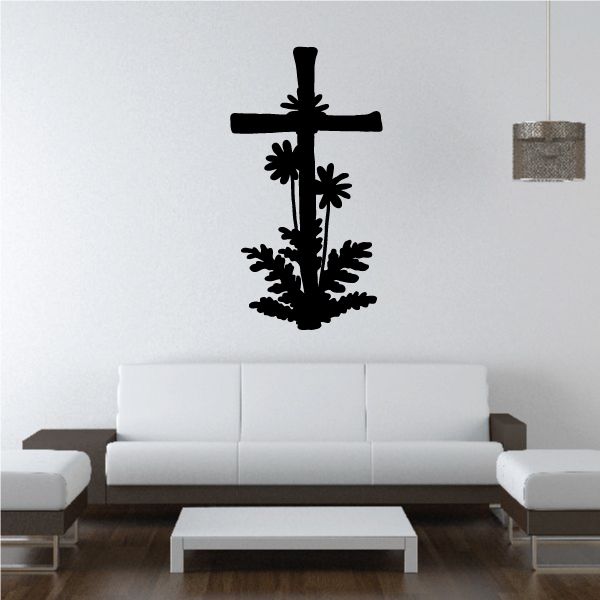 Black cross wall decal with floral and leafy silhouettes, dark ornamental design