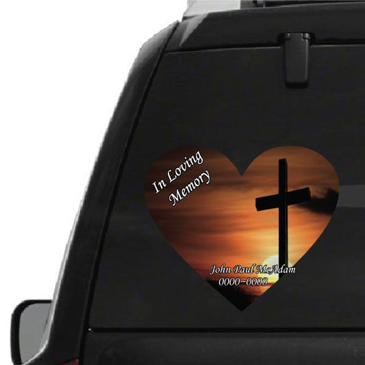 Image of Cross with Orange Sunset In Loving Memory Custom Heart Sticker