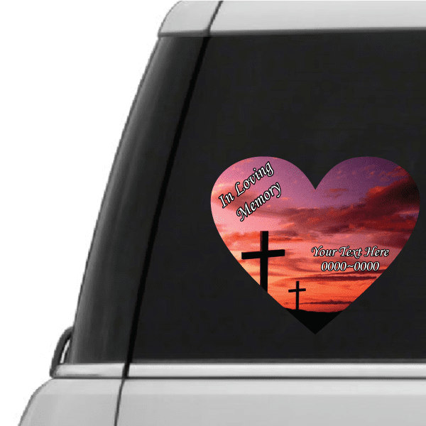 Image of Cross with Pink Sunset In Loving Memory Custom Heart Sticker