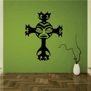 Tribal mask cross wall decal with ornate black design