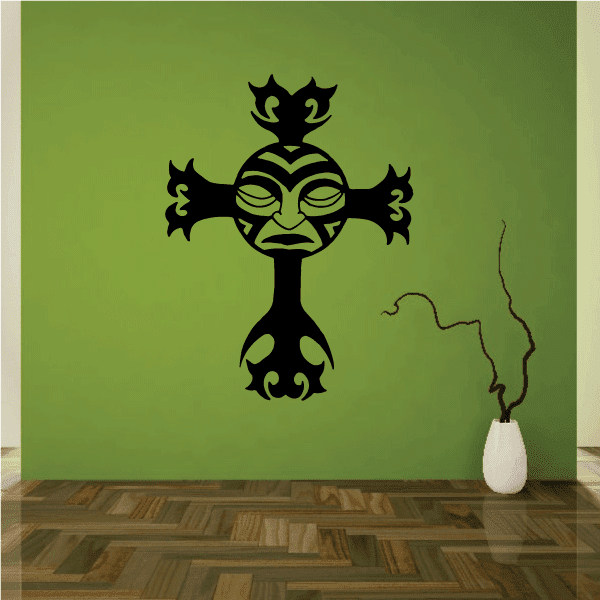 Tribal mask cross wall decal with ornate black design
