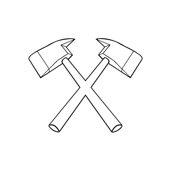 Crossed fireman axes decal with black outline, two axes crossed