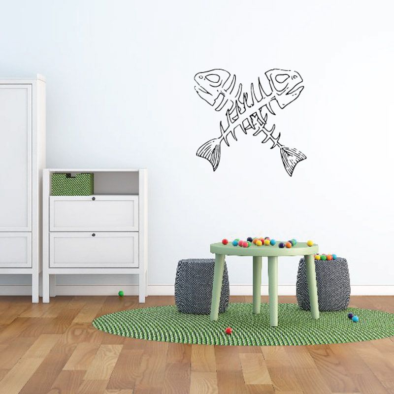 Crossed fish skeleton wall decal in black line art
