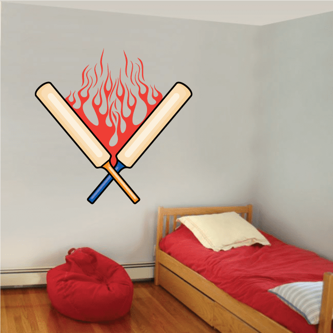 Image of Crossed Flaming Cricket Bats Printed Die Cut Decal