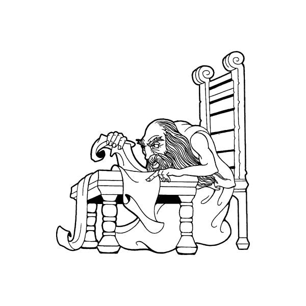 Wizard reading scrolls decal with seated figure, line-art outline, and stack of books
