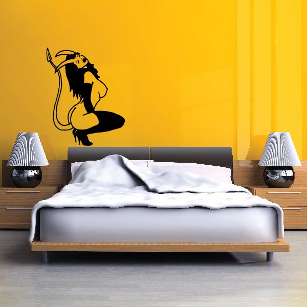 Crouching devil girl heels wall decal, black silhouette