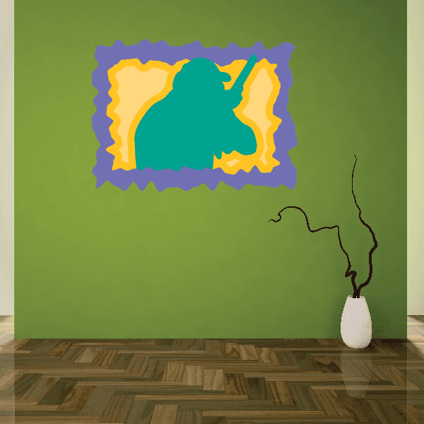 Colorful hunter silhouette sticker, teal and yellow with jagged border