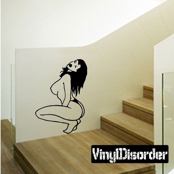 Crouching woman topless bikini wall decal in black line art