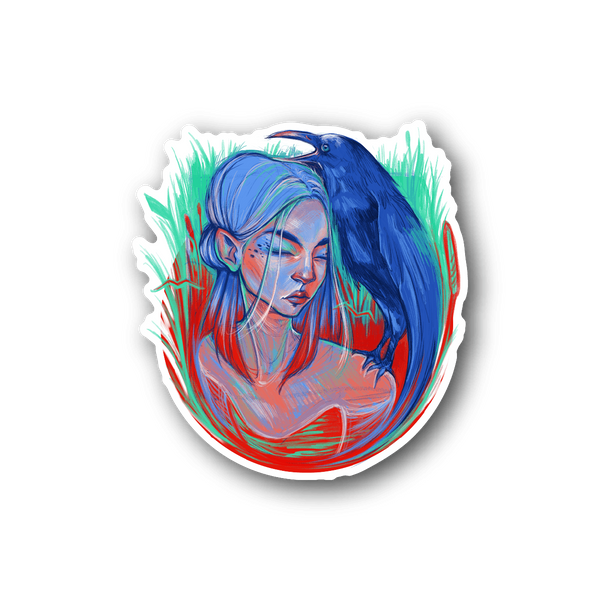 Vinyl sticker of a blue-haired girl profile in colorful paint strokes