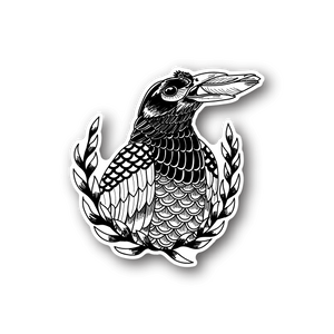 Vinyl sticker of a white crow crest with wings, on a dark backing