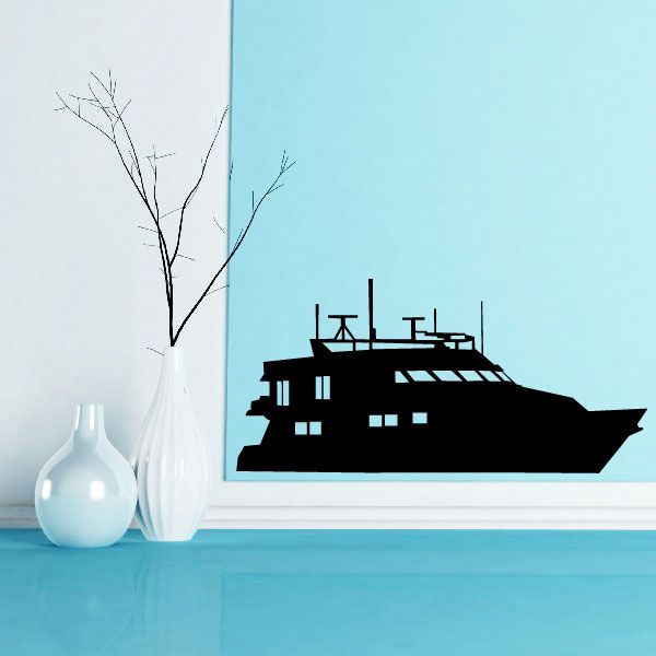 Small motor yacht decal with black cruising boat silhouette