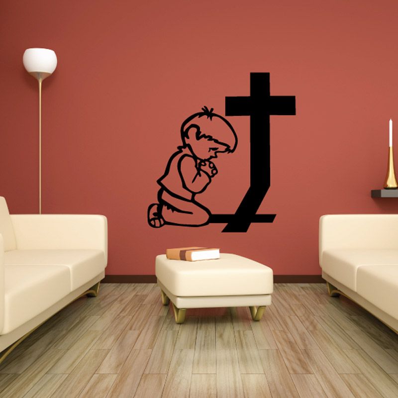 Black praying child and cross wall decal