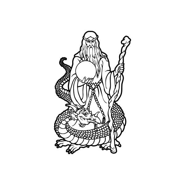 Wizard decal with crystal ball, seated with staff and dragon outline