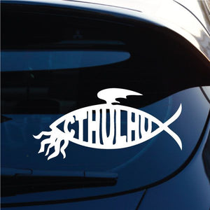 Cthulhu fish decal sticker: white fish with Cthulhu lettering and tentacles on blue