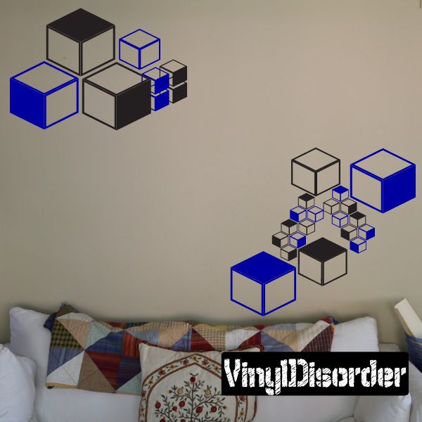 Cubes wall decals kit with blue and gray 3D cube stickers