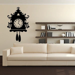 Cuckoo clock vinyl wall decal, black ornate design with round face and hanging weights