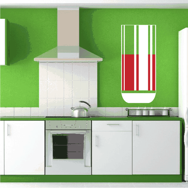 Juice cup sticker with white top and red vertical stripes on green background