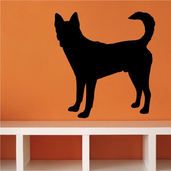 Black dog decal silhouette with tail up and ears pointed