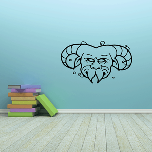 Goat mask decal with line-art face and curled horned headpiece, black outline
