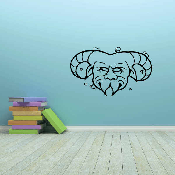 Goat mask decal with line-art face and curled horned headpiece, black outline