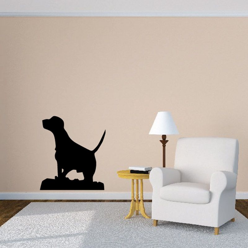 Black hunting dog silhouette wall decal, sitting pose with raised tail.