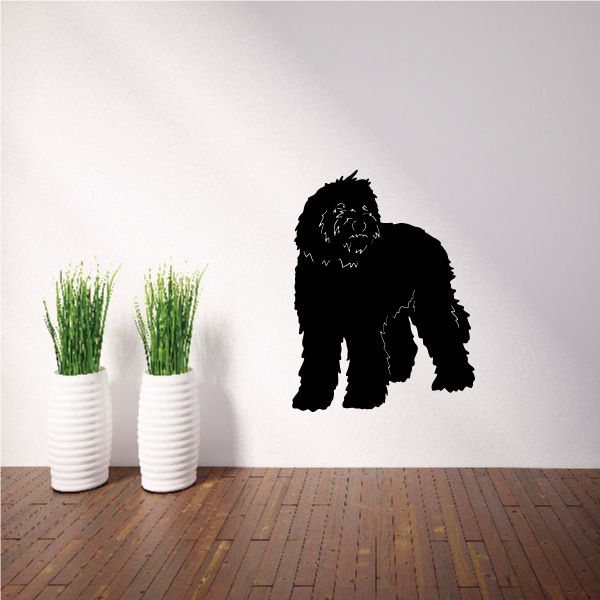 Curious labradoodle decal, black dog silhouette standing