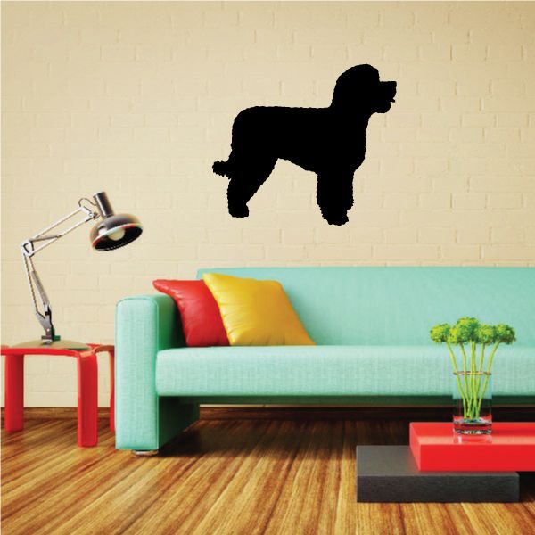 Curious Portuguese Water Dog decal featuring a black dog silhouette