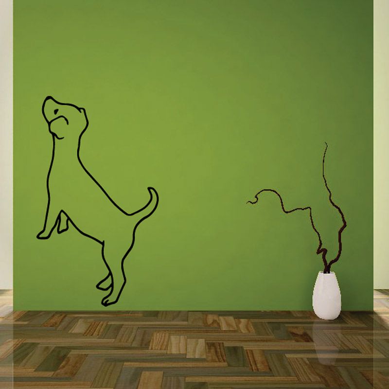 Curious puppy decal with black line outline of standing puppy on wall.