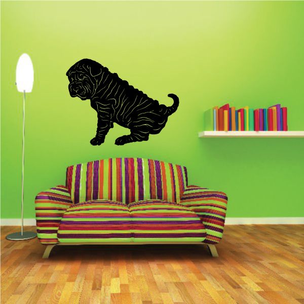 Black Shar Pei dog silhouette decal, side view with curled ears and tail