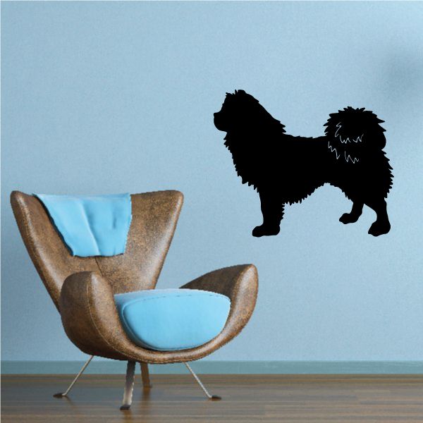 Curious Tibetan Spaniel vinyl decal, black dog silhouette with fluffy white chest.