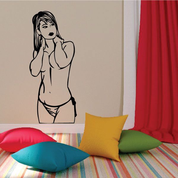 Woman bikini decal with black outline of a posing cartoon figure